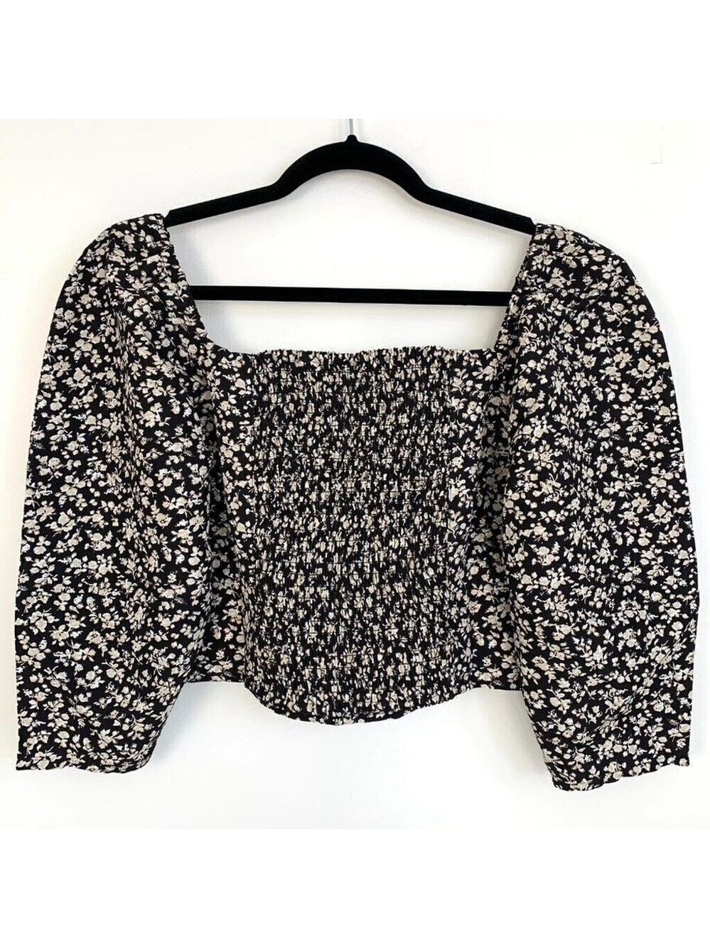 Levi's Dark Floral Cottagecore Top Puff Sleeve Square Neck Womens Large Black - Picture 8 of 12